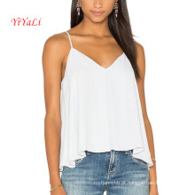 V Neck Stripe Loose Moda Branco Mulheres Top